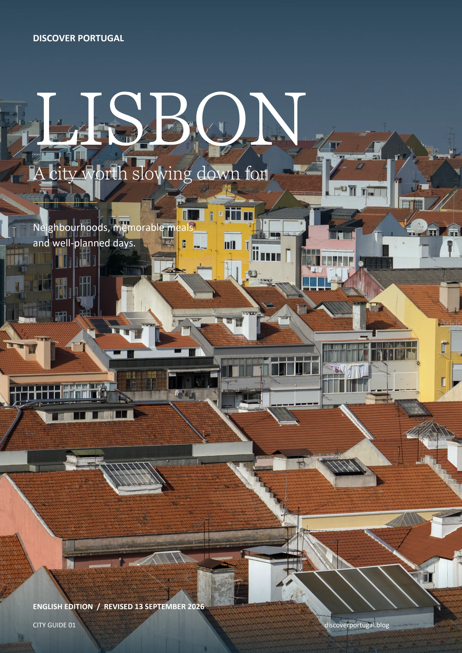 Cover of the Lisbon Travel Guide, showing Lisbon’s colourful rooftops
